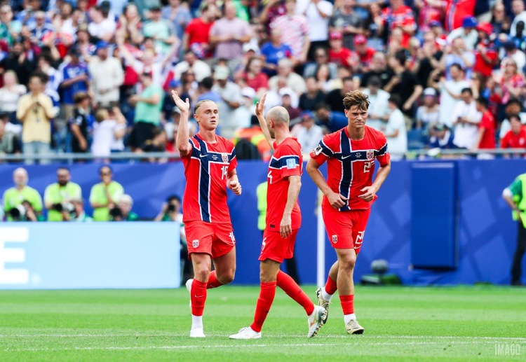 Thelo Aasgaard celebrates Norway’s first goal against France in their World Cup 2026 Group I clash